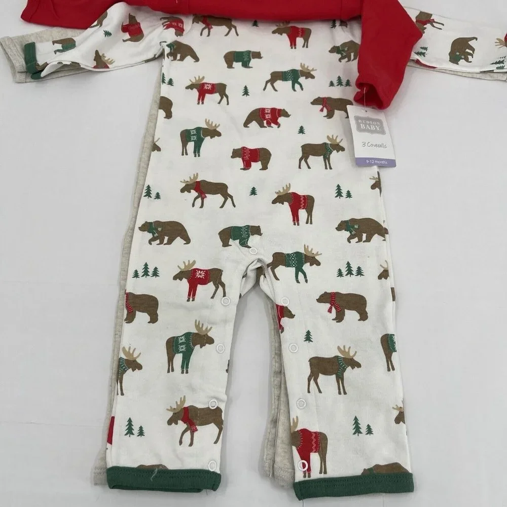 Hudson Baby Christmas Themed 3-Pack‎ Coveralls Romper Size 9-12 m Moose Trees